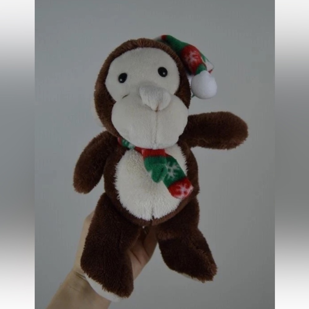 Far East Brokers Brown Monkey Plush Stuffed Animal Green Red Hat Scarf Snowflake